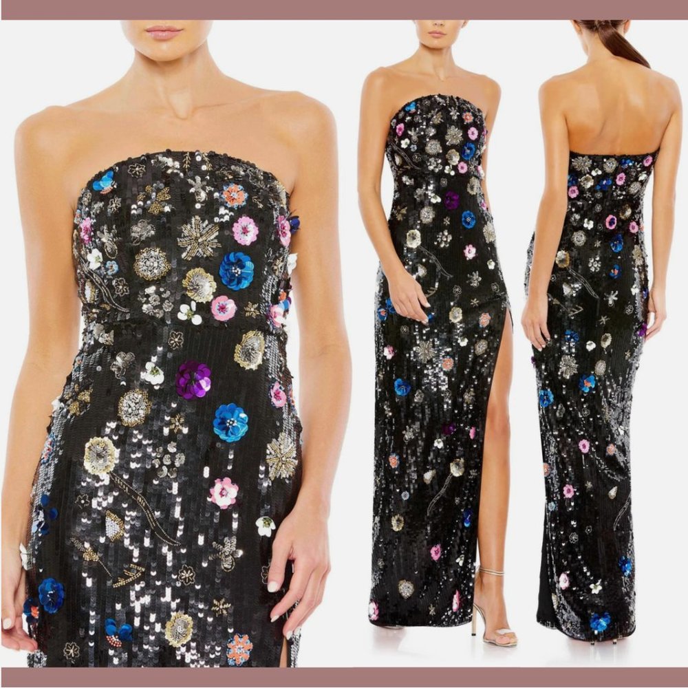 NEW $798 Mac Duggal [ 14 ] Floral Sequined Strapless Slit Column Gown Black Q613